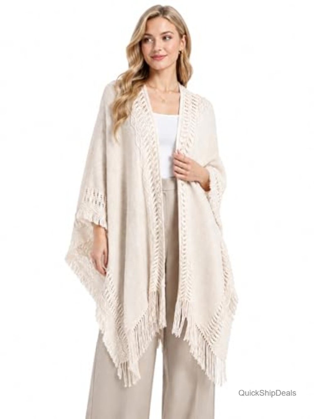 Oversized Crochet Poncho Cardigan Wrap Open Front Boho Fringe